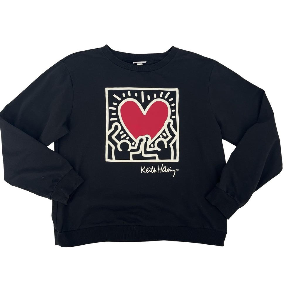 Keith Haring Heart Graphic Sweatshirt Women M Black Pop Art Streetwear Pullover